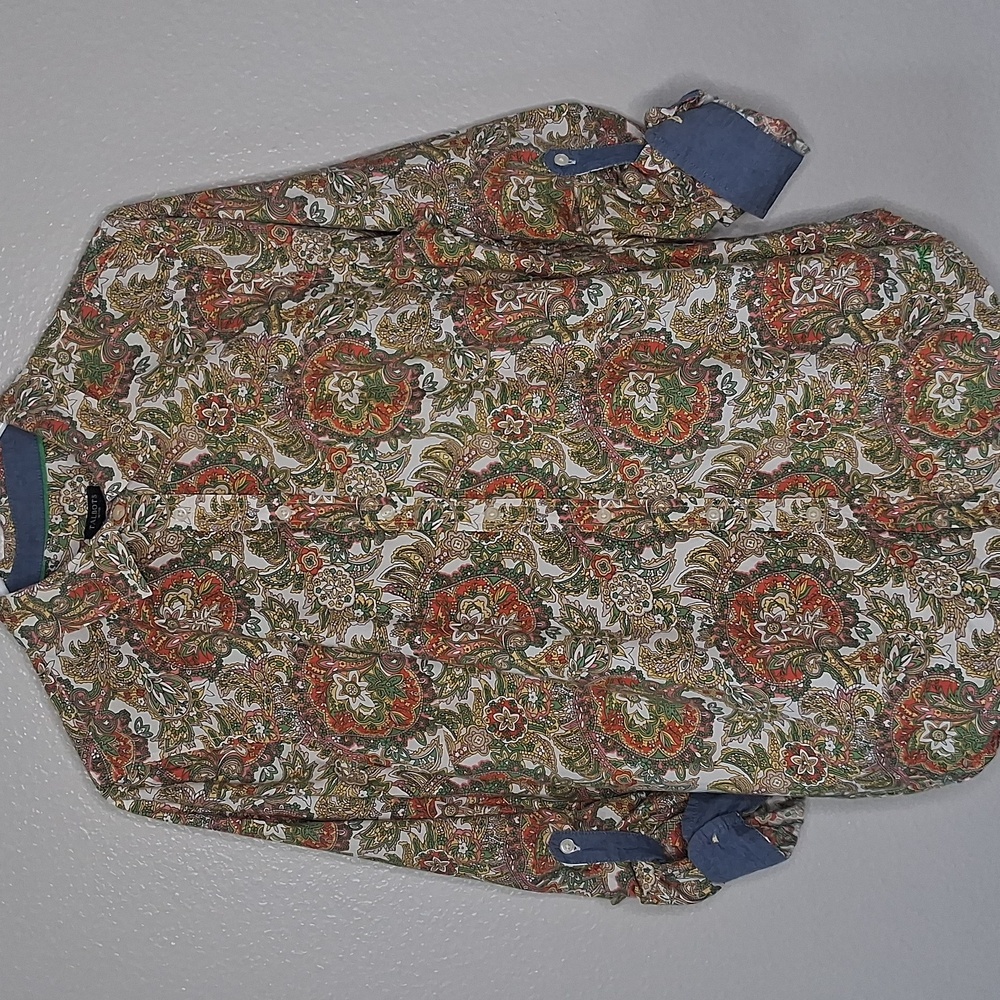 Talbots Blouse Button Down Top Roll Tab Sleeve Green Yellow Paisley Floral 14 P